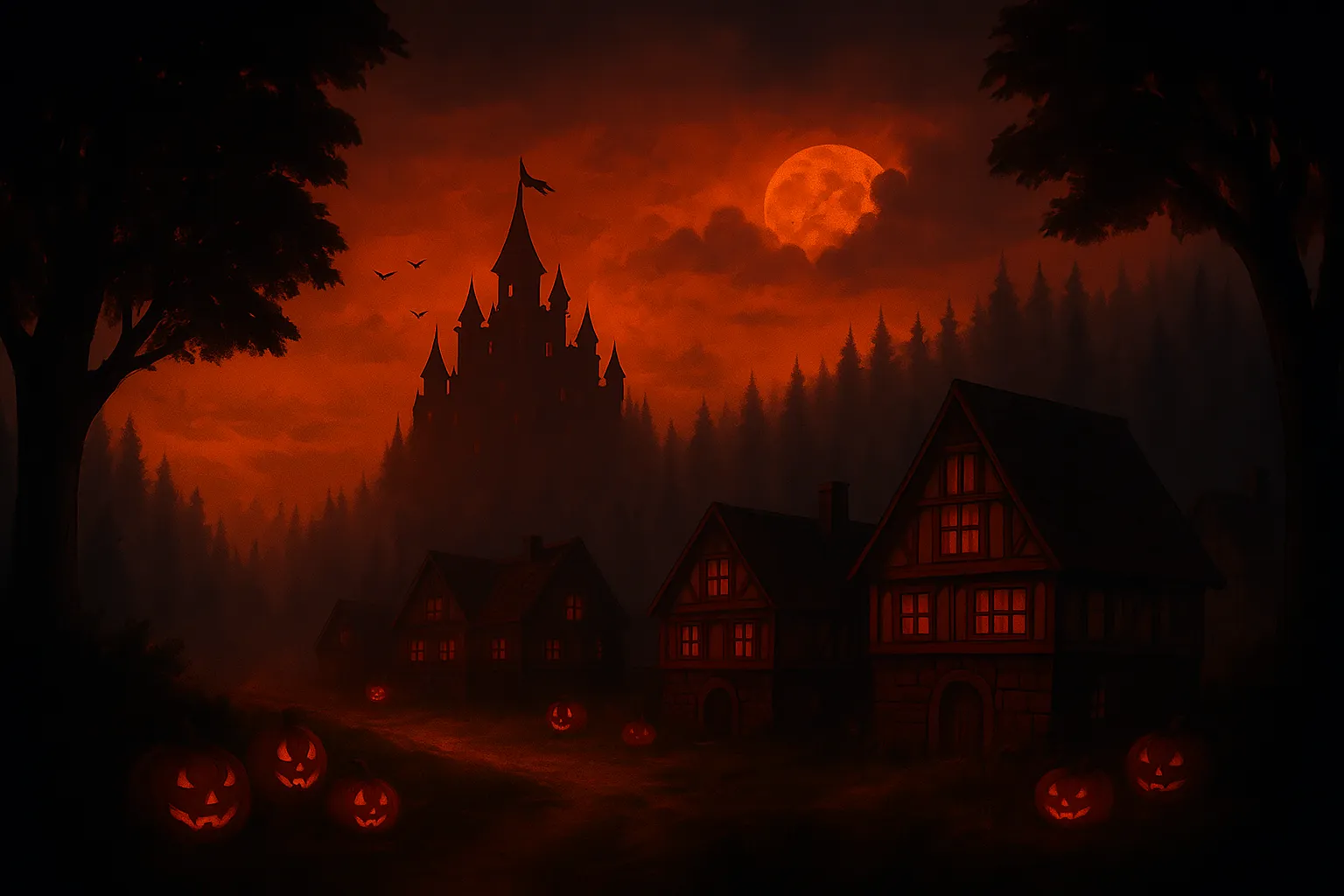 A moonlit island with glowing pumpkins and eerie mist.